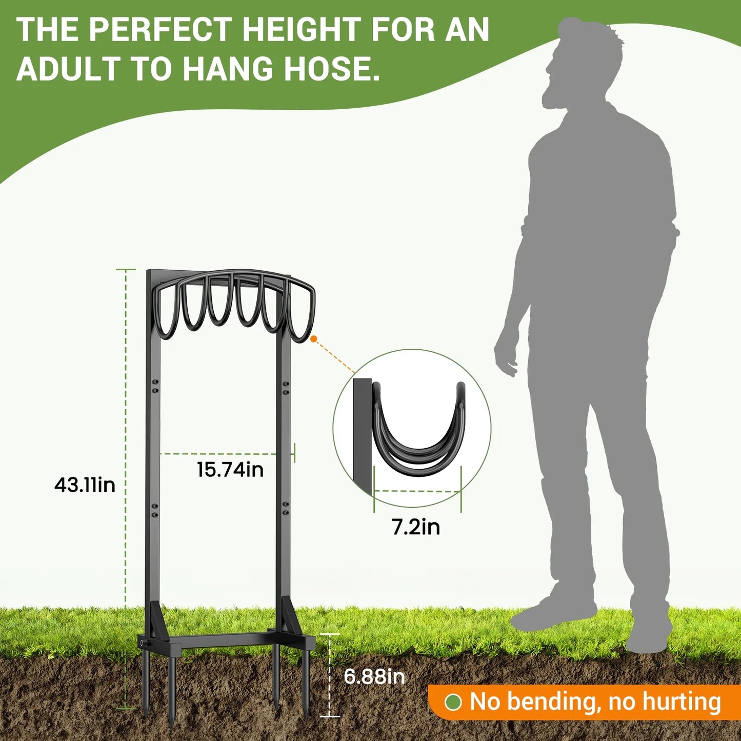 Garden Hose Holder with 4 Spikes & 2 Tool Hooks, Freestanding Water Hose Holders Heavy Duty Metal Hose Reel Stand Hose Hanger