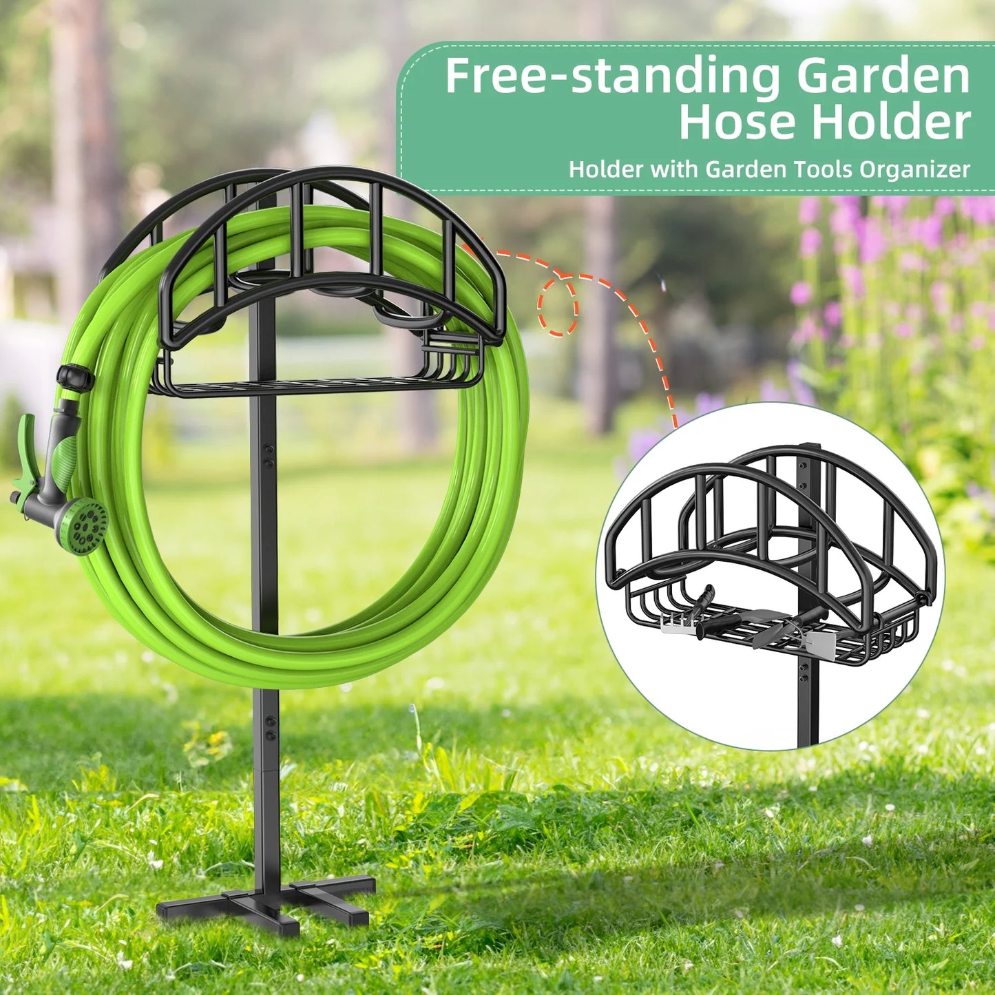 Garden Hose Holder, Water Hose Stand Freestanding Metal Hose Hanger with Tool Storage Basket, 4 Spikes Detachable Heavy Duty Hose Storage Stand for Outdoor