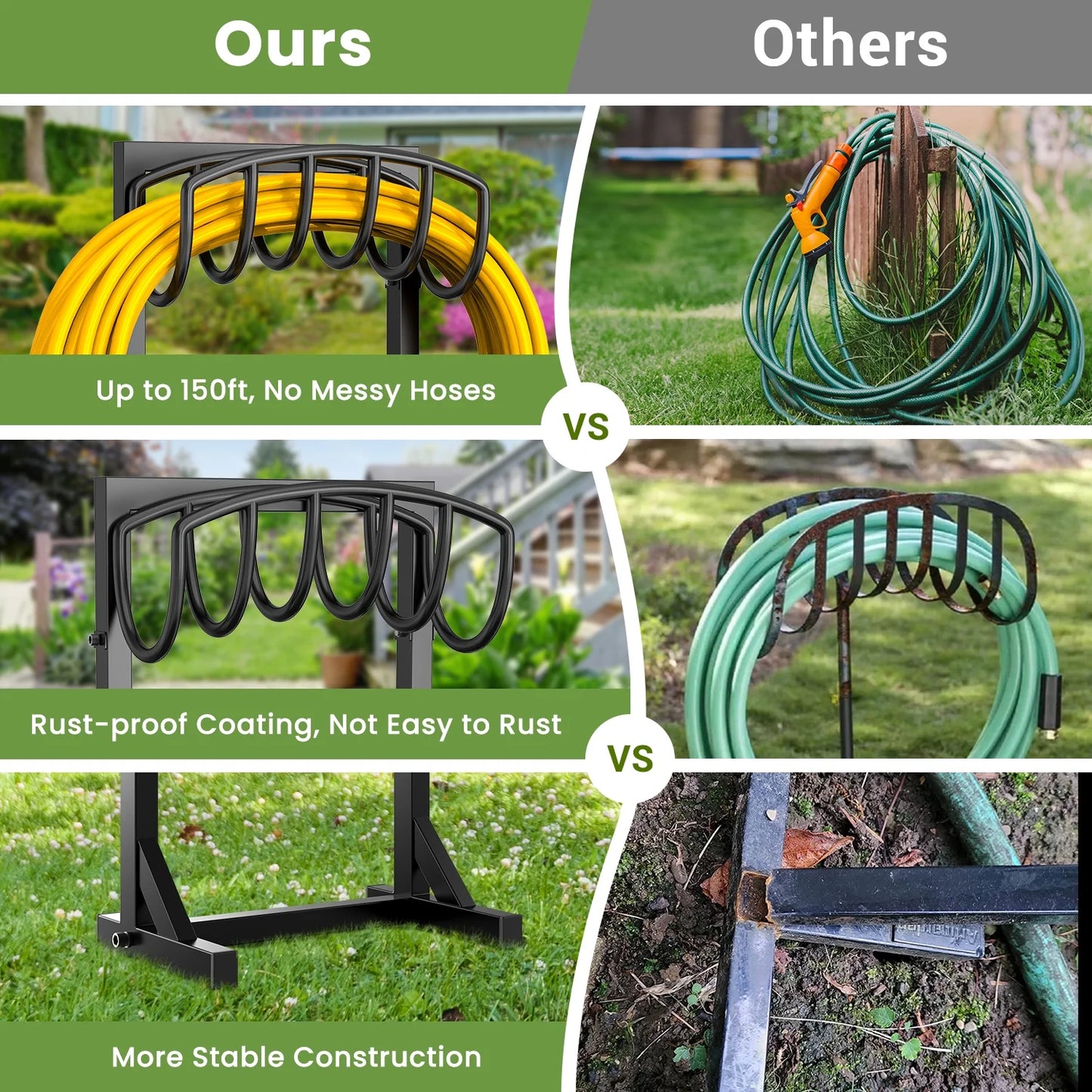 Garden Hose Holder with 4 Spikes & 2 Tool Hooks, Freestanding Water Hose Holders Heavy Duty Metal Hose Reel Stand Hose Hanger