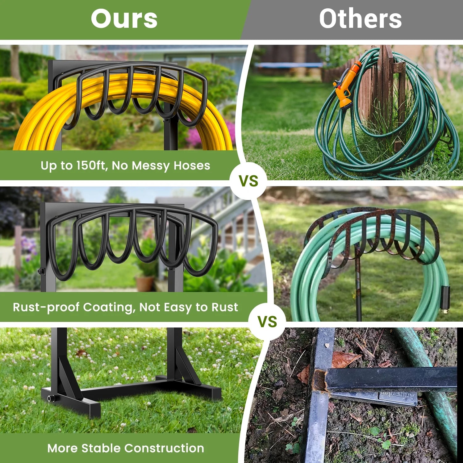 Garden Hose Holder with 4 Spikes & 2 Tool Hooks, Freestanding Water Hose Holders Heavy Duty Metal Hose Reel Stand Hose Hanger
