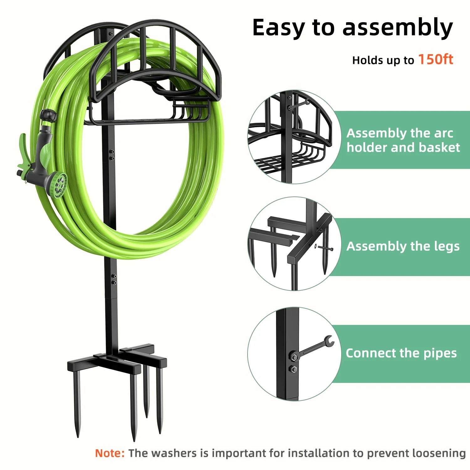 Garden Hose Holder, Water Hose Stand Freestanding Metal Hose Hanger with Tool Storage Basket, 4 Spikes Detachable Heavy Duty Hose Storage Stand for Outdoor