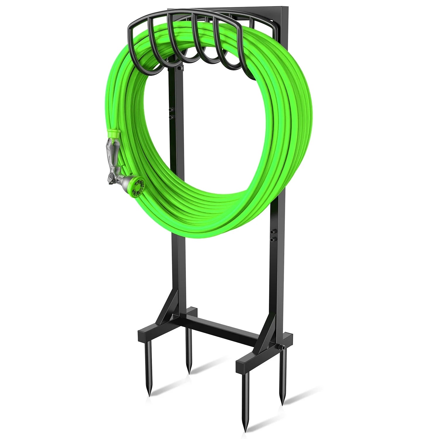 Garden Hose Holder with 4 Spikes & 2 Tool Hooks, Freestanding Water Hose Holders Heavy Duty Metal Hose Reel Stand Hose Hanger