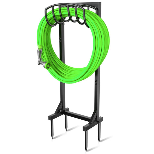 Garden Hose Holder with 4 Spikes & 2 Tool Hooks, Freestanding Water Hose Holders Heavy Duty Metal Hose Reel Stand Hose Hanger