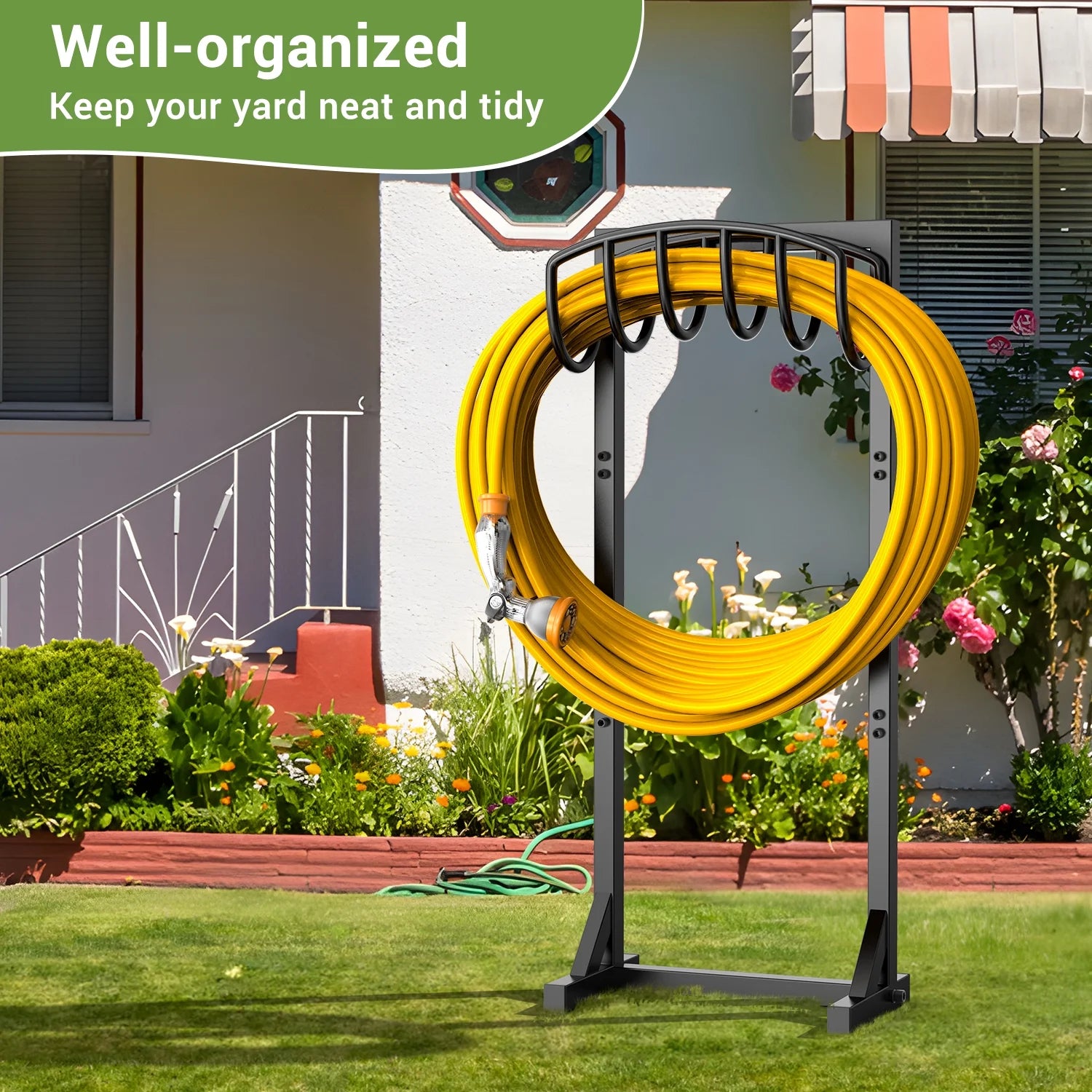 Garden Hose Holder with 4 Spikes & 2 Tool Hooks, Freestanding Water Hose Holders Heavy Duty Metal Hose Reel Stand Hose Hanger