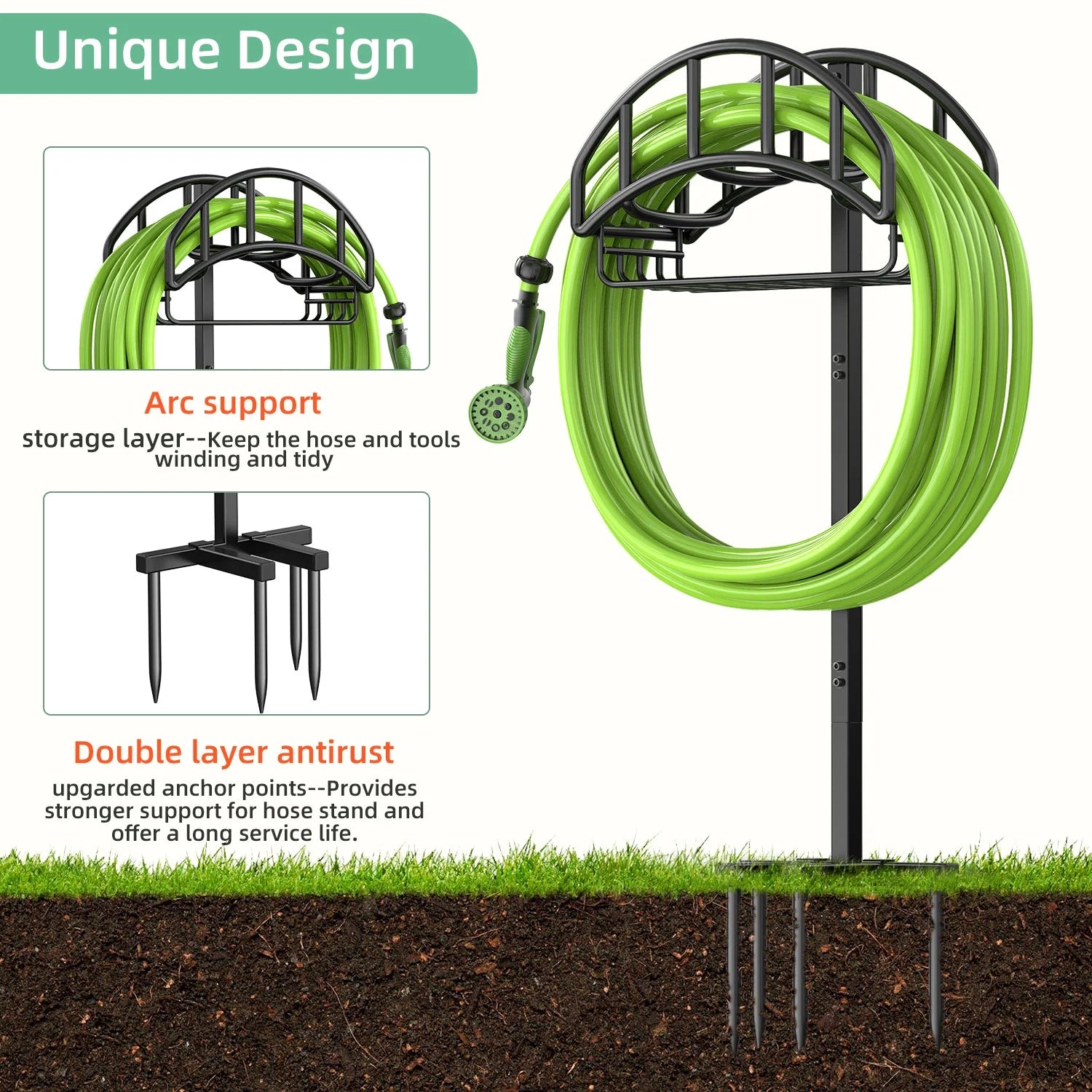 Garden Hose Holder, Water Hose Stand Freestanding Metal Hose Hanger with Tool Storage Basket, 4 Spikes Detachable Heavy Duty Hose Storage Stand for Outdoor