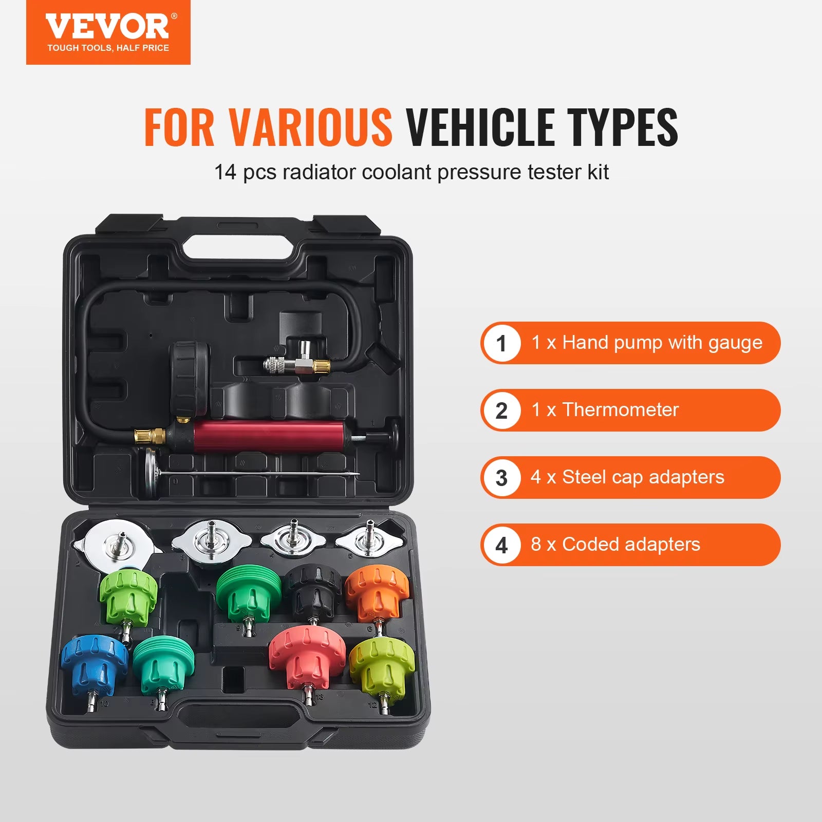 Succebuy Universal Radiator Pressure Tester Kit Manual Pump Color-Coded Steel Test Cap Adapters Toolbox for Car Motorcycle Truck