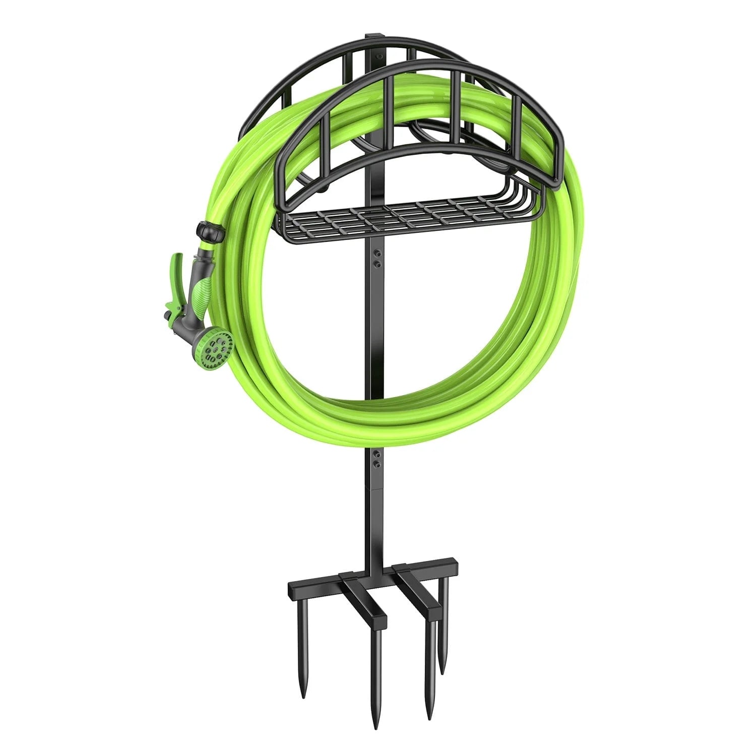Garden Hose Holder, Water Hose Stand Freestanding Metal Hose Hanger with Tool Storage Basket, 4 Spikes Detachable Heavy Duty Hose Storage Stand for Outdoor