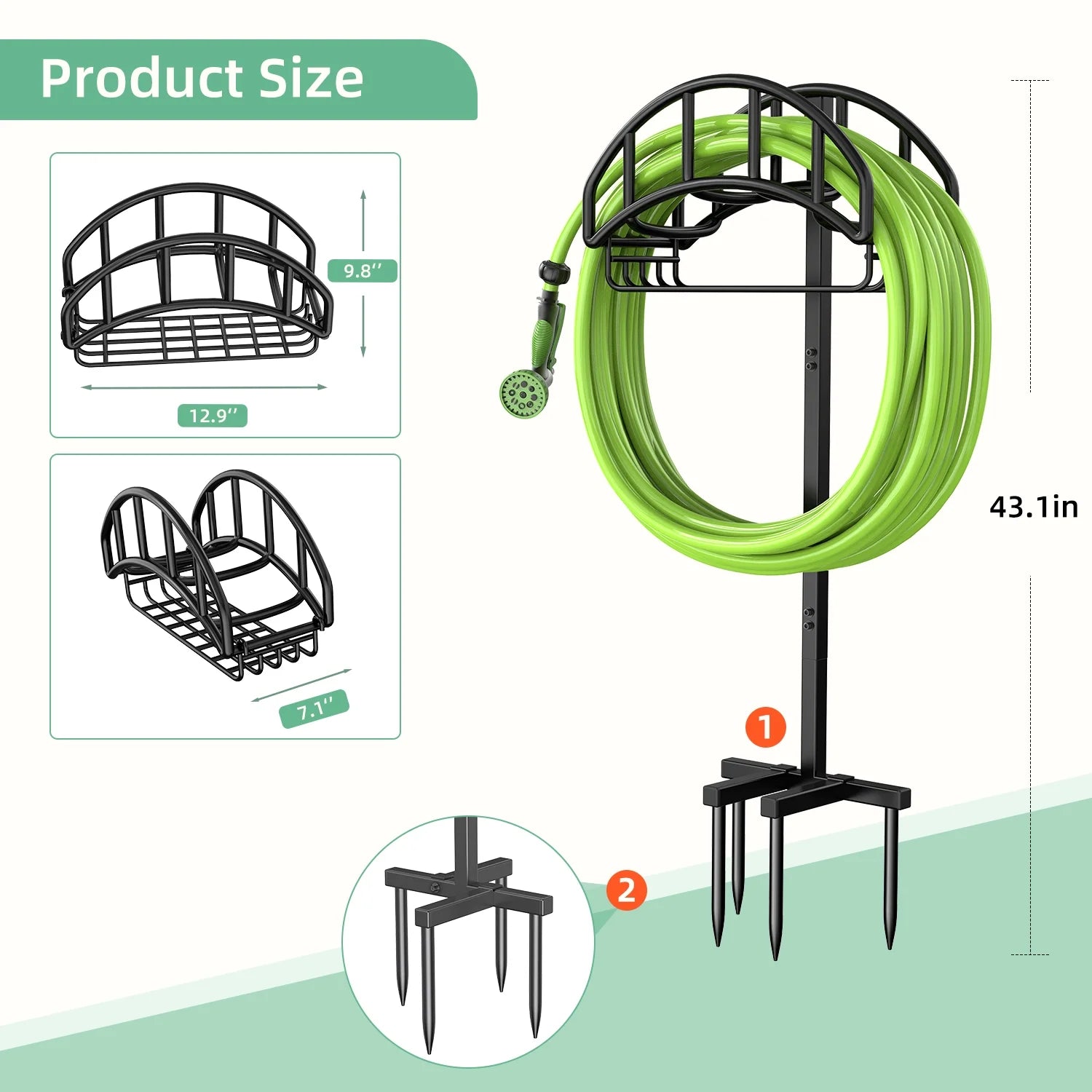 Garden Hose Holder, Water Hose Stand Freestanding Metal Hose Hanger with Tool Storage Basket, 4 Spikes Detachable Heavy Duty Hose Storage Stand for Outdoor