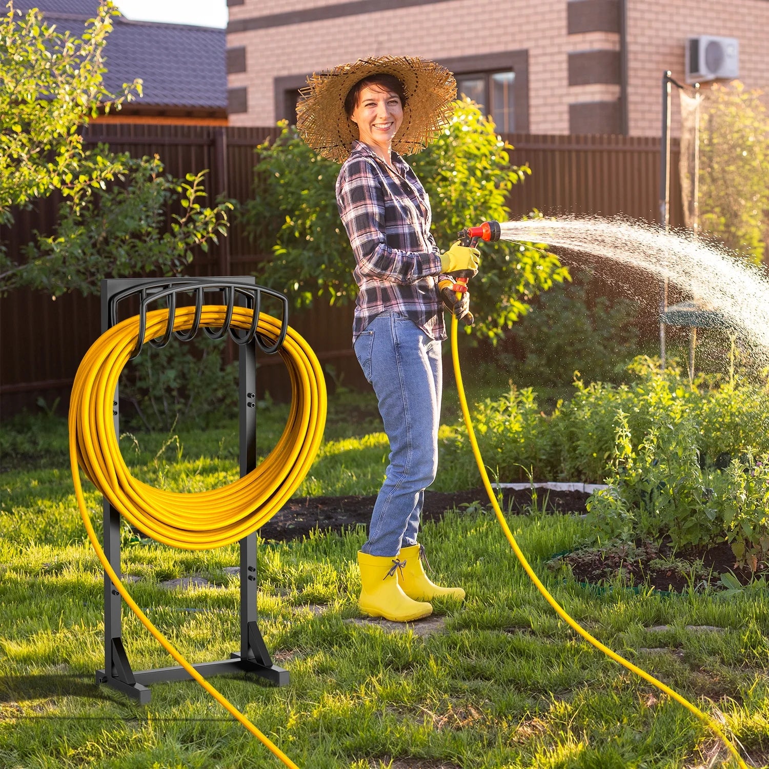 Garden Hose Holder with 4 Spikes & 2 Tool Hooks, Freestanding Water Hose Holders Heavy Duty Metal Hose Reel Stand Hose Hanger